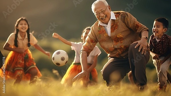 Fototapeta an older man playing soccer with children in the field