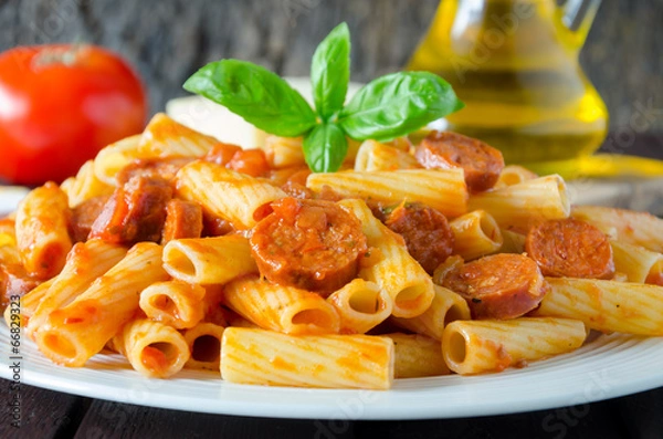 Obraz Pasta with chorizo sausage