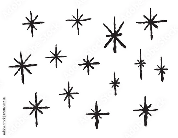 Fototapeta Set of vector grunge stars. Abstract brush drawing, doodle illustration for design. On a transparent background.