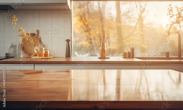 Fototapeta Empty brown wooden table and blur background. Created with Generative AI