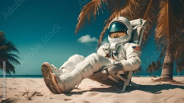 Fototapeta an astronaut relaxing on the beach against the backdrop of coconut trees and beach sand
