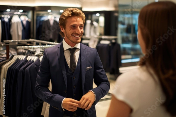 Fototapeta A satisfied gentleman grins in a boutique brimming with sharp suits, showcasing his elegance and sophistication amidst the racks of tailored attire