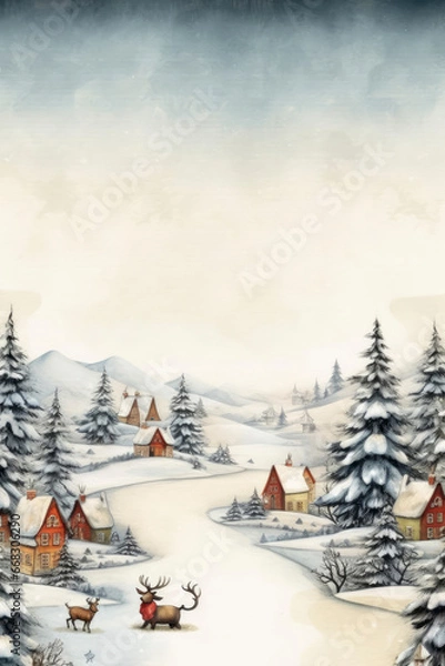 Fototapeta Retro Christmas Frame with Reindeer and Snowy Village