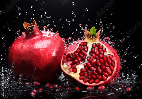 Fototapeta Pomegranates splash on dark background. AI generated