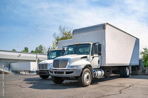 Obraz Middle duty compact rig semi trucks with box trailers standing on the warehouse parking lot take a break between freights