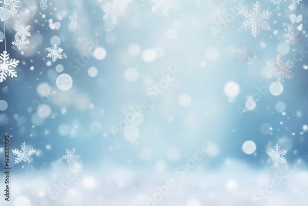 Fototapeta blue and white winter background with falling snow and bokeh with space for text, christmas and winter background