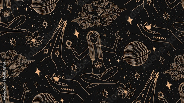 Obraz pattern, yoga, woman, lotus, chakras, zen, alchemy, astrological, background, balance, black, botany, chakra, conjure, element, energy, esoteric, girl, heavenly, hinduism, illustration, india, line, m