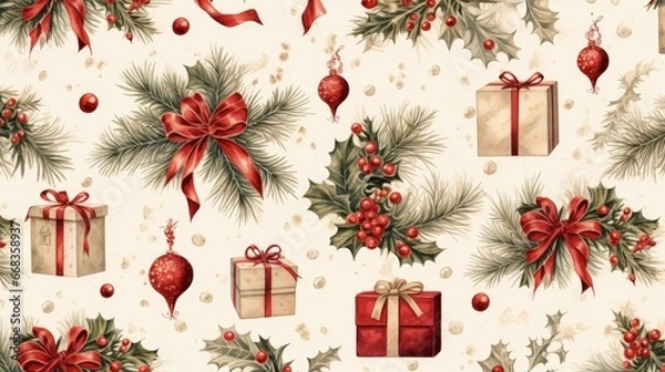 Fototapeta a background of vintage christmas gift wrapping paper, candles, ornaments, holly leave, generative AI