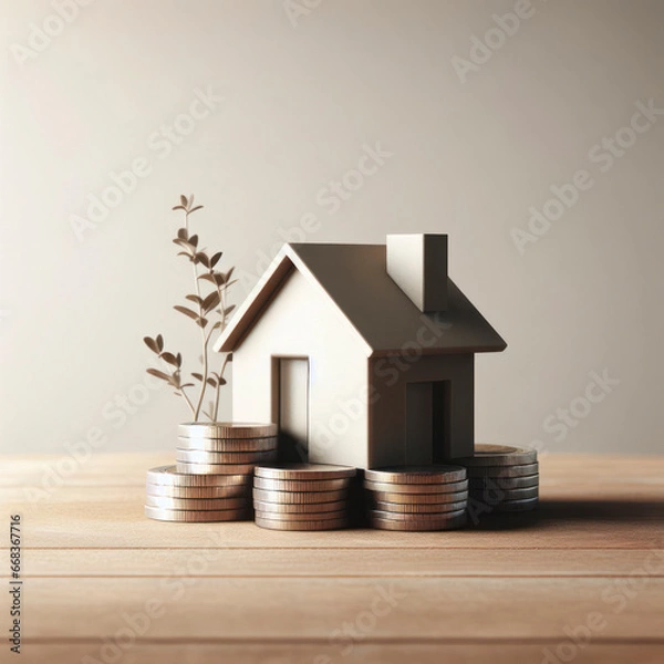 Fototapeta Minimalistic house with stack coins on wooden table. ai generative