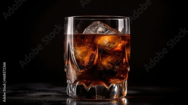 Fototapeta  Freshly made alcoholic cocktail with brown rum, cola, ice. Glass of alcoholic drink on table with ice cubes. Dark background. reflective surface. Copy space. 