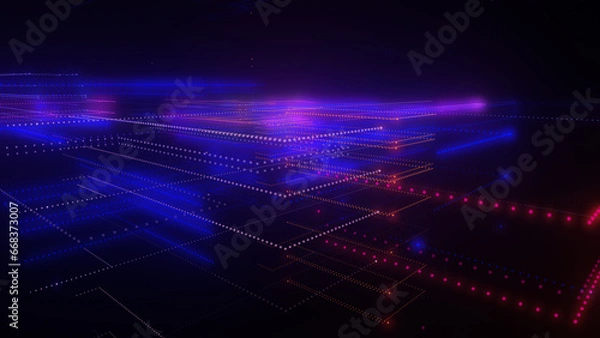Fototapeta 3D rendering of a digital neon mesh made of bright lines and dots