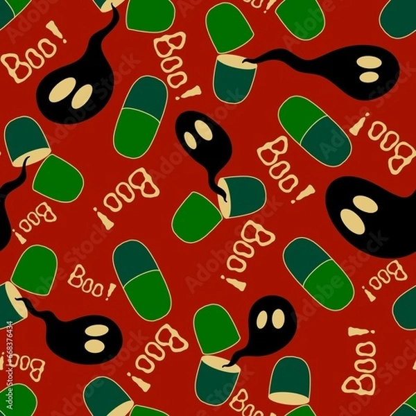 Fototapeta Halloween medicine seamless pills and ghost and skulls pattern for wrapping paper and fabrics and linens