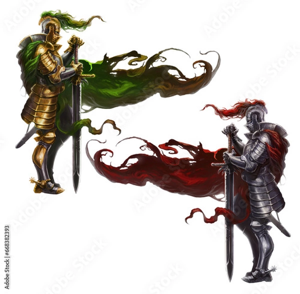 Obraz Medieval set knight gold with long sword realistic isolated. Knight in a long red cloak and medieval armor and with a long sword.