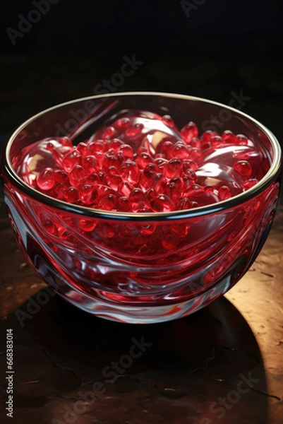 Fototapeta A glass bowl filled with red beads is placed on a wooden table. This image can be used for various creative projects and crafts