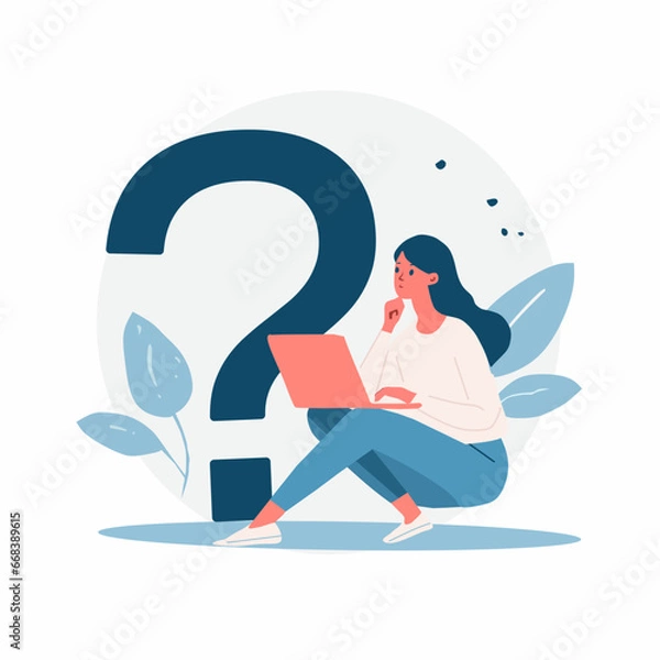 Fototapeta Illustration Woman with laptop and question mark. These illustrations can be used for various purposes, such as graphic design, animation, and learning media. Flat design style