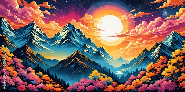 Fototapeta sunset in the mountains with clouds