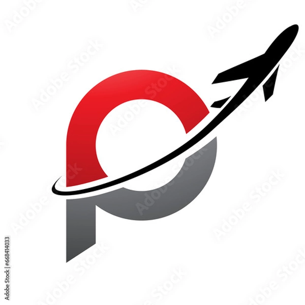 Fototapeta Red and Black Lowercase Letter P Icon with an Airplane