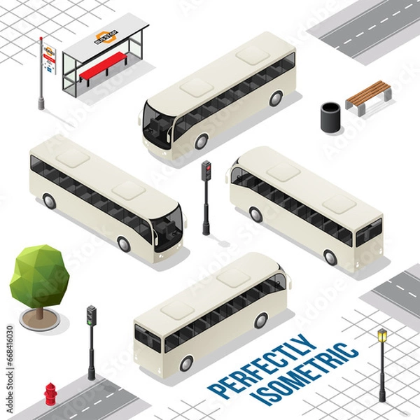 Fototapeta White Isometric Bus from the Front Back Right and Left