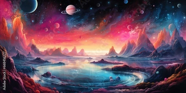 Fototapeta Surreal Cosmic Voyage: A captivating abstract artwork resembling a surreal journey through the cosmos, featuring ethereal planets, surreal landscapes, and interstellar dust in a dreamlike and cosmic