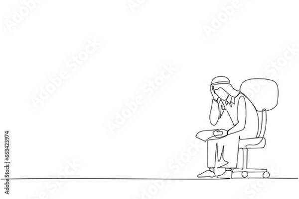 Fototapeta Single continuous line drawing sad Arab businessman sat limply in chair. Pensively holding a piece of bill paper. The large of receivables, business will collapse. One line design vector illustration