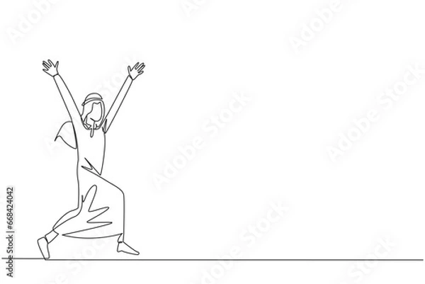 Fototapeta Single one line drawing Arabian businessman running to celebrate the success of business. Like a football player who scores goal, he celebrates. Success. Continuous line design graphic illustration