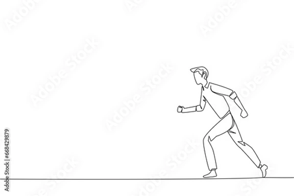 Fototapeta Single continuous line drawing businessman leisurely strolling. Habit to get rid of nervousness. Nervous when meeting a big client. Light exercise for health. One line design vector illustration