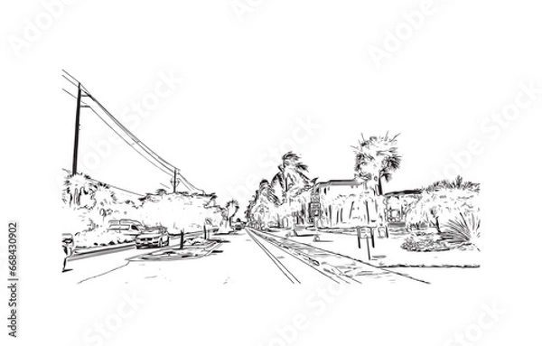 Fototapeta Building view with landmark of Siesta Key is a barrier island in Florida. Hand drawn sketch illustration in vector.
