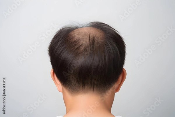 Fototapeta Closeup back view of head man with hair loss problem for health care medical and shampoo product concept, selective focus