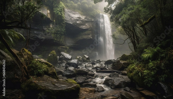 Fototapeta Tranquil scene of flowing water in tropical rainforest heaven generated by AI