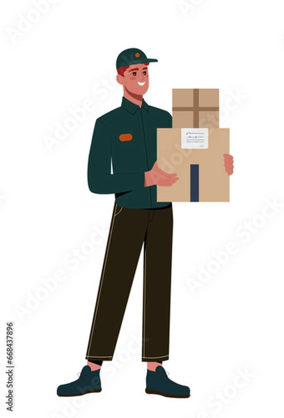 Fototapeta Person of various profession concept. Courier and loader with cardboard boxes. Man in green uniform. Home delivery and shopping. Cartoon flat vector illustration isolated on white background