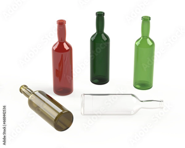 Fototapeta 3D renderings of various colored empty glass bottles.