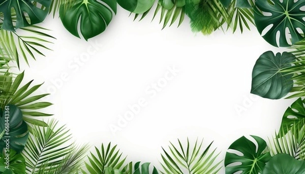 Fototapeta tropical leaves frame background with copy space top view. Generative AI