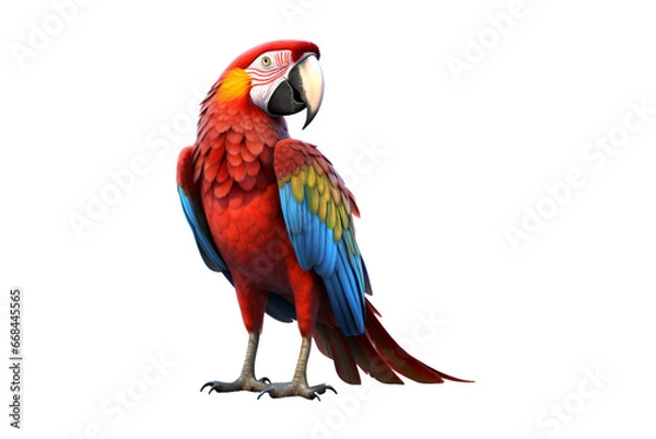 Fototapeta side view full body of scarlet red macaw bird standing isolated on a transparent background. Generative AI