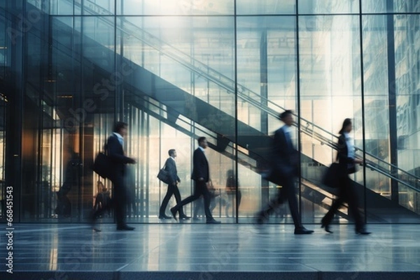 Fototapeta Blurred business people walking up and down stair outside office in fast movement
