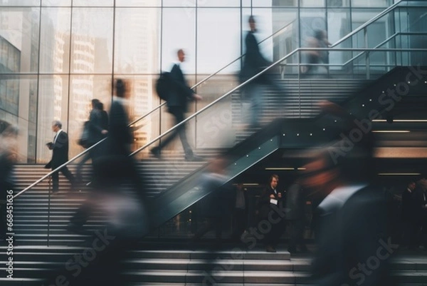 Fototapeta Blurred business people walking up and down stair outside office in fast movement