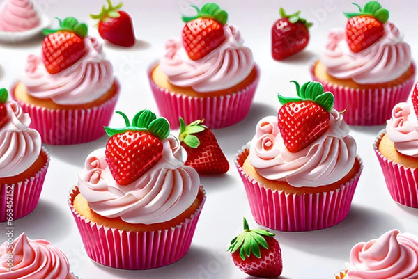 Fototapeta You can see several sweet strawberry cupcakes.
Generative AI.