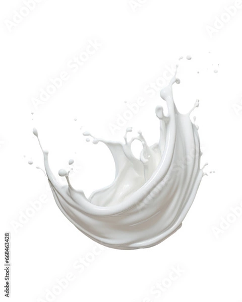 Obraz white milk wave splash with splatters and drops isolated on a transparent background, circle milk, yougurt or cream wave flow splash. Generative AI