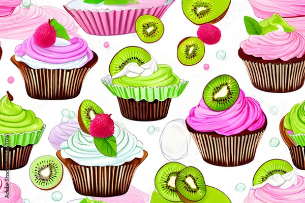 Fototapeta Kiwi whipped cream cupcakes are delicious. Eating makes you happy. Generative AI.