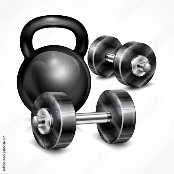 Obraz Metallic kettle bell and two dumbbells on white, vector