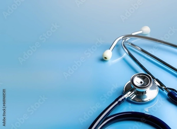 Fototapeta Pills and medical equiupments including stethoscope, syringe at border on light blue background, panoramic banner top view with copy space. Ai generated.