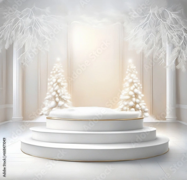 Fototapeta Empty podium with snowy trees and nature. calm and elegant winter(christmas) atmosphere for product presentation. Mockup for branding, packaging, marketing, web, banner, editorial, printed matter.