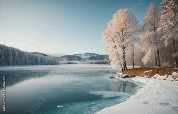 Fototapeta 눈 덮인 상록수 숲.