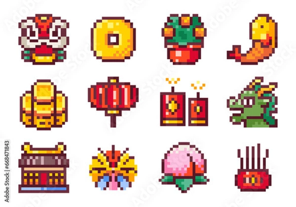 Fototapeta Pixel Art Lunar Korean Chinese New Year Holidays Set. 8bit Retro Style Asian Dragon Mask, Koi Fish, Stack of Coins, Temple, Celebration Fireworks, Peach, Incense Burner for emoji, stickers or badges.	