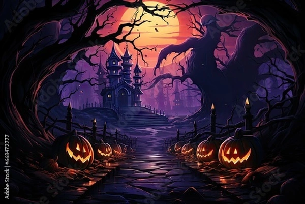 Fototapeta full moon Mysterious and haunted dark forest with purple smoky Halloween background, purple mist, full moon over the haunted forest by generative ai.