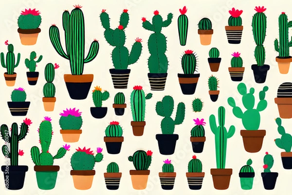 Fototapeta Green cactus pots of various shapes are gathered together. These are long, round cacti. Cute and lovely. Generative AI.