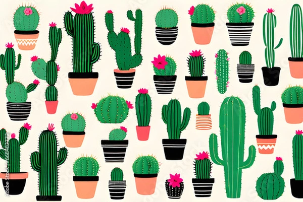 Fototapeta Cactus pots of various shapes are gathered together. It is round, elongated and diverse. The cactus pot is cute and pretty. It matches the interior. Generative AI.