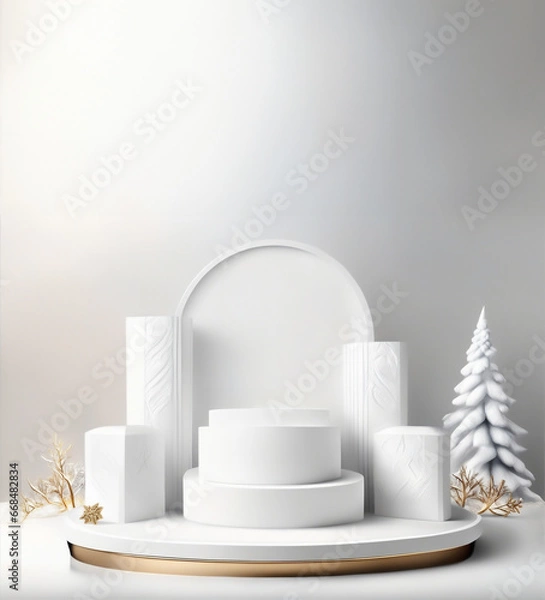 Fototapeta Empty podium with snowy trees & white simple background. calm winter(christmas) atmosphere for product presentation. Mockup for branding, packaging, marketing, web, banner, editorial, printed matter.