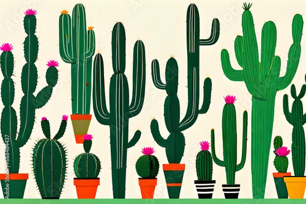 Fototapeta Cactus pots of various shapes are gathered together. It is round, elongated and diverse.
Generative AI.