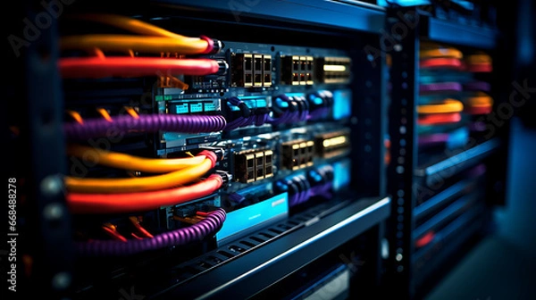 Fototapeta Close-up of Server Rack Cabinet with Focus on Cables