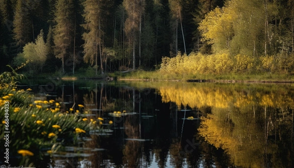 Fototapeta Tranquil scene of a yellow autumn tree reflecting in water generated by AI